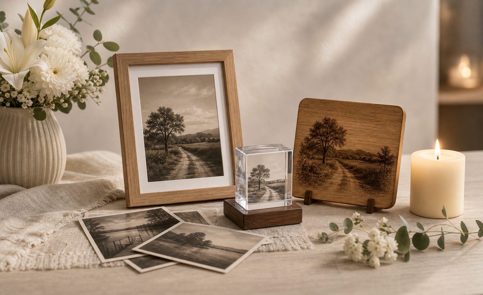 Umirjeno spominsko foto darilo iz obnovljene fotografije, okvirja, lesa in kristala